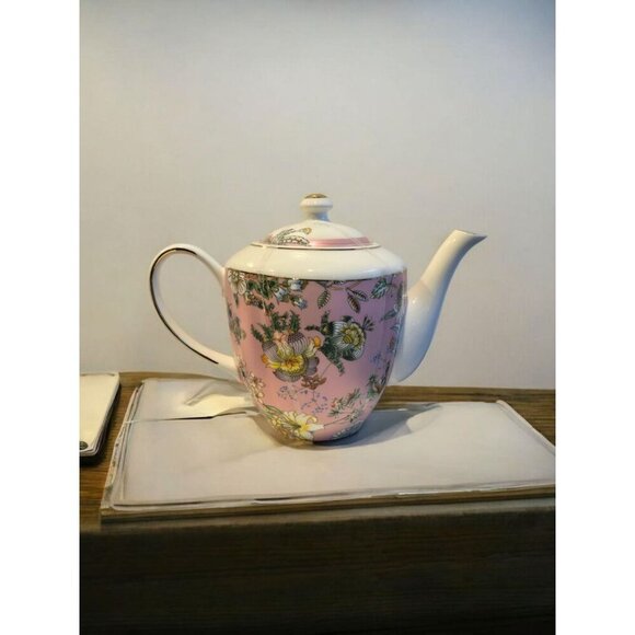 New Japanese Asian Pink Floral Porcelain Japan Tea Pot W/ Lid Gold Trim - Picture 1 of 2